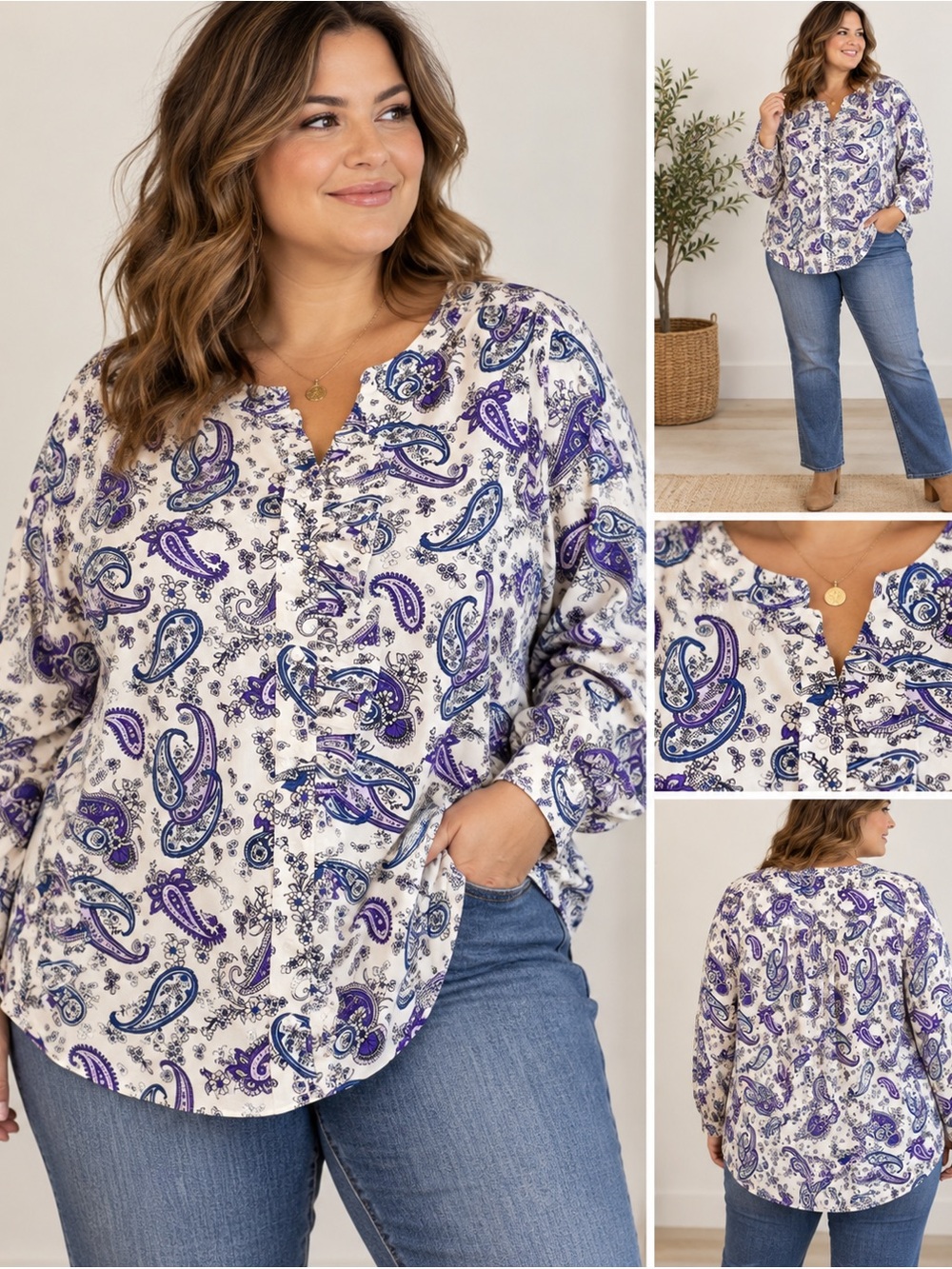 Lane Bryant Paisley Floral Tunic Blouse 22 Purple Blue Cottagecore Romantic K52